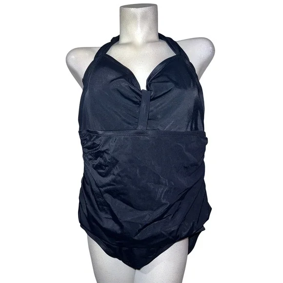 Jantzen Classics Womens Black Ruched One Piece Halter Swimsuit 22W JZSS5596 NEW - Picture 1 of 10